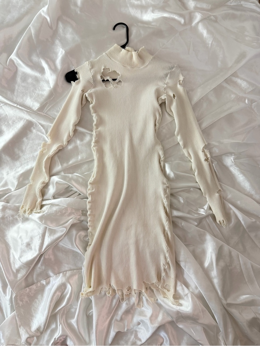 Cream Ribbed Distressed Long Sleeve Midi Dress